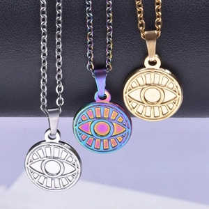 Evil eye necklaces in gold, silver, and rainbow finishes on stainless steel chains