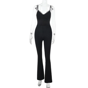 Detailed view of the black sleeveless jumpsuit with lace trim V-neck and flared leg design