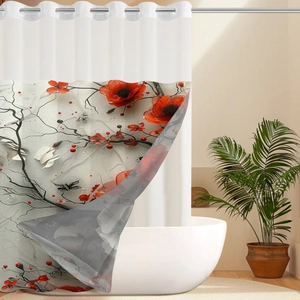 Detailed close-up of waterproof polyester shower curtain with 3D floral print and metal eyelets