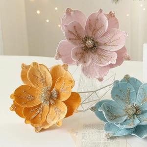 Luxury 24cm flocked magnolia Christmas flowers with glitter in pink, blue, and yellow