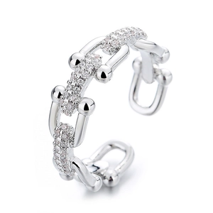 Adjustable silver chain ring for women featuring hollow link design and sparkling zircon pavé
