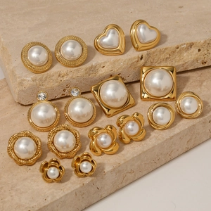 Vintage Stud Earrings With 316 Stainless Steel And Faux Artificial Pearl Flower Heart Geometric Designs For Women French Style