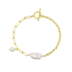 Detail of gold bean pod bracelet featuring S925 silver, pearls and OT clasp closure