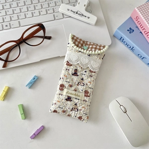 Quilted soft eyeglasses storage pouch with bear pattern and brown checkered flap detail