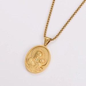 Detail view of oval embossed pendant with Virgin Mary portrait on gold chain