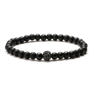 Men's matte black volcanic stone beaded bracelet with a pavé-set black zircon charm