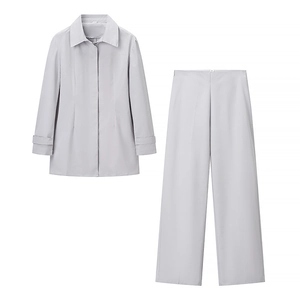 Women's chic grey blazer suit with cinched waist top and wide leg pants set