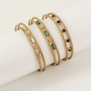 Double-layered braided stainless steel bangle with rectangle zircon stones in gold finish