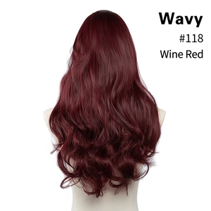 Back view of wine red wavy long synthetic hair wig #118 on a mannequin display