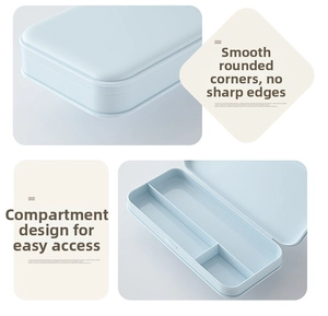 Detail view of smooth rounded corners and inner compartments of the light blue pencil case
