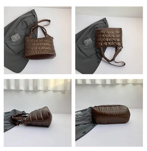 Detailed views of brown quilted puffer shoulder bag with glossy space cotton finish