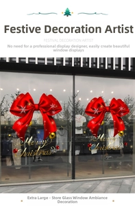 Detail of red Christmas bow window stickers with Merry Christmas gold text and snowflakes