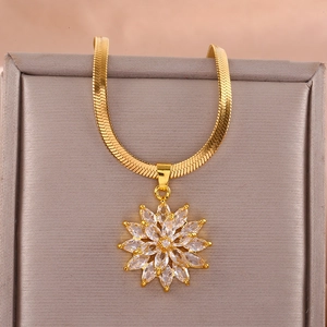 Sunflower Pendant Necklace Copper Gold Plated With Clear Zircon Inlay Snake Bone Chain Elegant Jewelry For Women