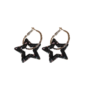 Black star hoop earrings with sparkling rhinestones and spiral textured metal hooks