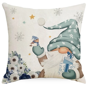 Christmas gnome linen pillow cover with festive star hat and bird on beige background