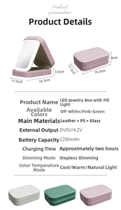 Macro detail of portable LED jewelry box showing technical dimensions and color options