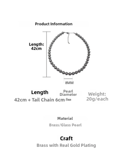 Detailed specs for 8mm silver gray glass pearl necklace with gold plated brass chain