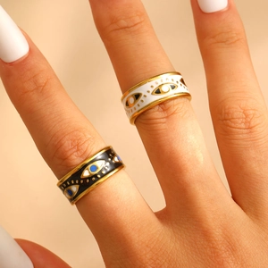 Retro Evil Eye open rings with zircon and gold enamel finish for women, fashion jewelry