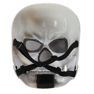 Adjustable moving jaw skull mask featuring elastic straps and eye mesh protection