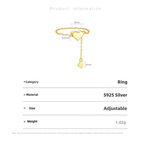 Detailed size chart for the S925 silver heart chain ring with adjustable band dimensions