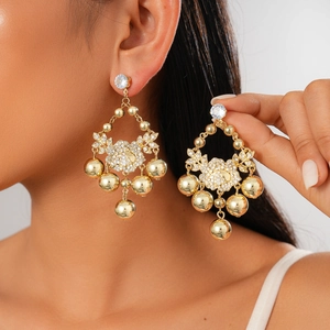 Retro Flower Zircon Rhinestone Chandelier Dangle Earrings With Silver Earring Post Gold Ball Tassel Jewelry For Women