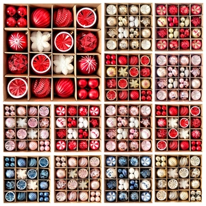 Assorted colorful Christmas tree ornaments in various shapes and plated finishes