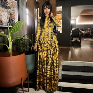 Elegant high neck maxi dress with yellow chain print and pleated A-line skirt silhouette