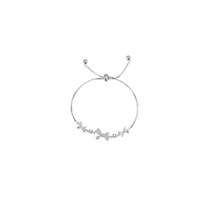 Pulsera ajustable de plata con un lazo de cristal brillante y detalles de mariposas