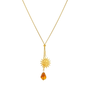Vintage gold sun and moon necklace with an amber brown geometric teardrop pendant charm