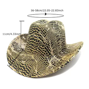 Yellow faux snake skin western cowboy hat with detailed size measurements and wide brim