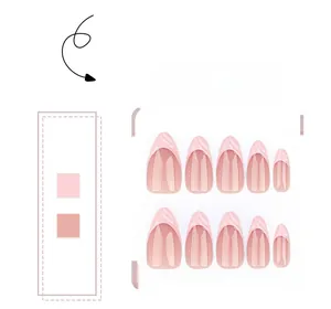 Detailliertes Set kurzer Mandel-Klebenägel mit rosa French-Gradient und 3D-Glanz-Finish