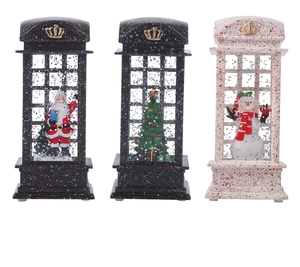 Detailed trio of vintage Christmas phone booth lanterns with Santa, snowman and tree motifs
