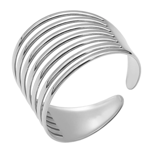 Macro shot of 304 stainless steel ring with minimalist multi-layered geometric lines