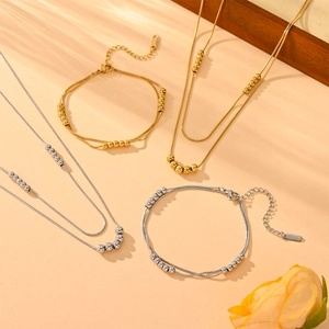 Double Layered Snake Chain Necklace And Bracelet With Stainless Steel Round Beads Minimalist Elegant Jewelry For Women
