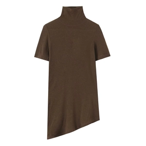 Women's dark brown high neck short sleeve T-shirt with asymmetric hem on white background