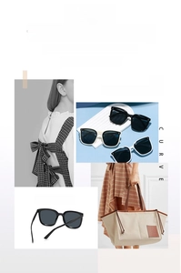 Close-up of stylish oversized sunglasses in black, cream, and white frames with dark lenses