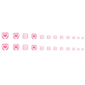 Pink glitter press-on toenails set featuring heart patterns and 24 pieces of fake nails