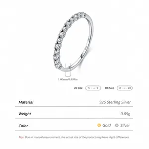 Delicate S925 sterling silver eternity band ring with 1mm width and cubic zirconia stones
