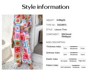 Detailed chart showing bohemian style set material facts and product weight specs