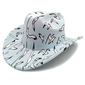 Detail view of light blue western cowboy hat with black and white seagull patterns