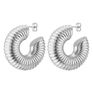Classic silver C-shaped stainless steel earrings with textured spiral design for women