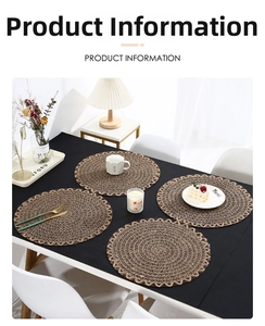 Macro detail of braided round placemats with hollow wavy edges in retro jute style
