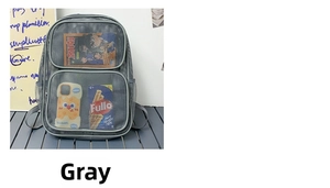 Gray mesh backpack with front zipper pockets and side slots for beach and gym storage