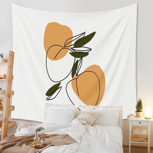 Detail of minimalist abstract tapestry with orange and green shapes on white background