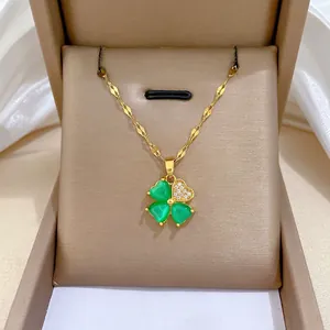 Titanium steel four leaf clover necklace with green opal hearts and gold pave stones