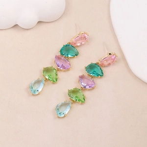 Elegant long teardrop earrings with multi-colored crystals and gold finish plating