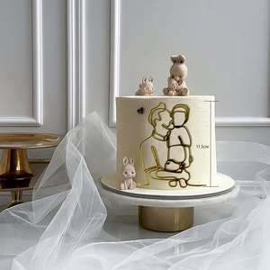 Golden acrylic line art topper with rabbits on 11.5cm baby shower cake decoration