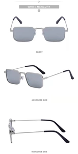 Three views of silver square frame sunglasses with light gray lenses and black ear tips