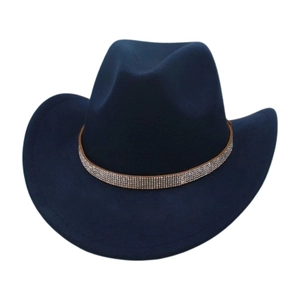 Detail of dark blue felt cowboy hat featuring a four-row rhinestone studded leather band