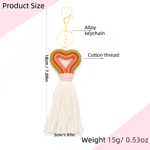 Détails du porte-clés coeur tissé main avec dimensions et spécifications du produit